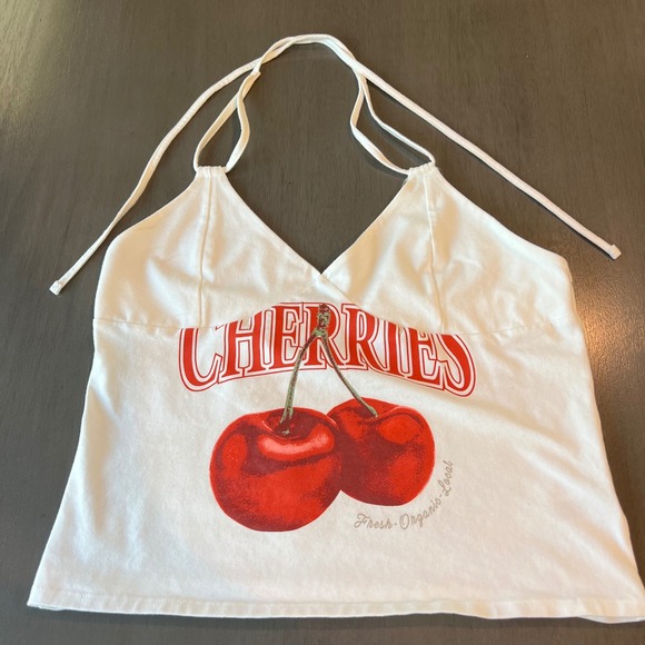 wild fable Tops - Wild Fable White Cherry Graphic Halter Top Cropped Cami Retro Hippie Large